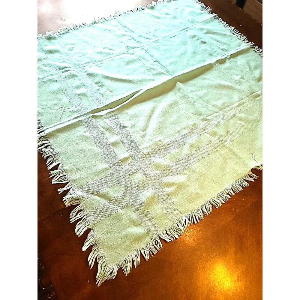 Vintage Linen Tablecloth Dresser Scarf Teal Turquoise Fringe Border 33 X 33